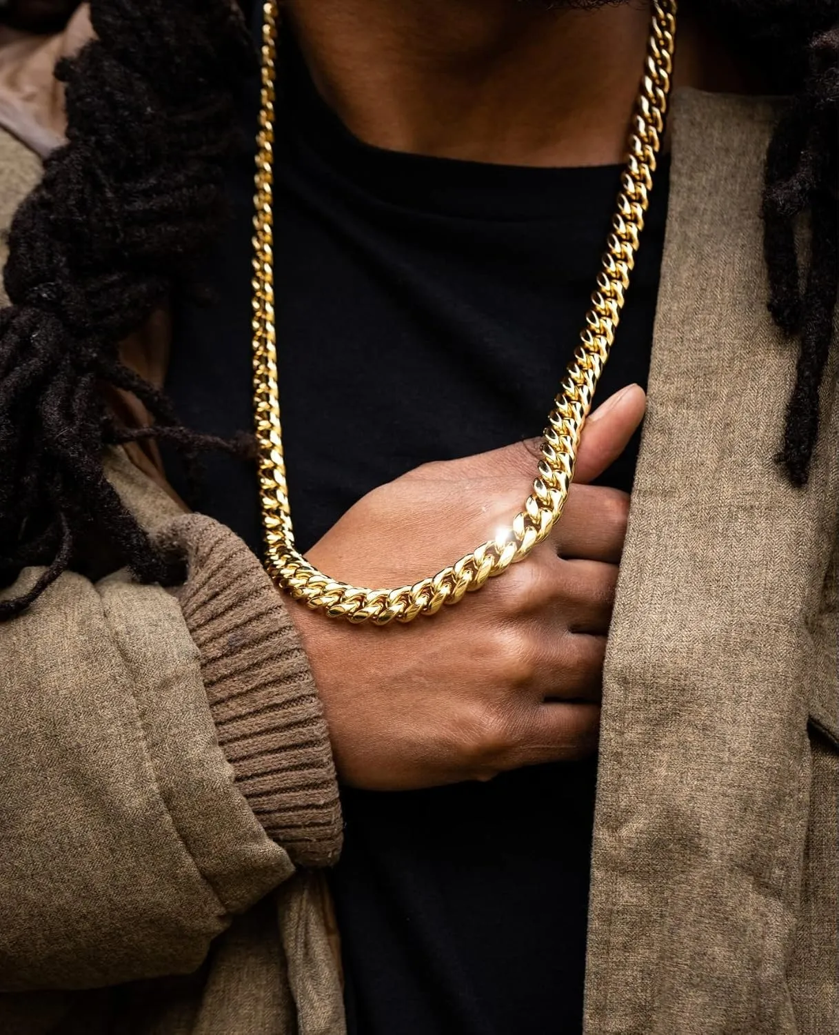 14K REAL Gold Plated Miami Cuban Link Chain 316L Stainless Steel Necklace or Bracelet with Iced Out Diamond Clasp for Men Women(Custom Box and Pouch Packing, Christmas Gift)