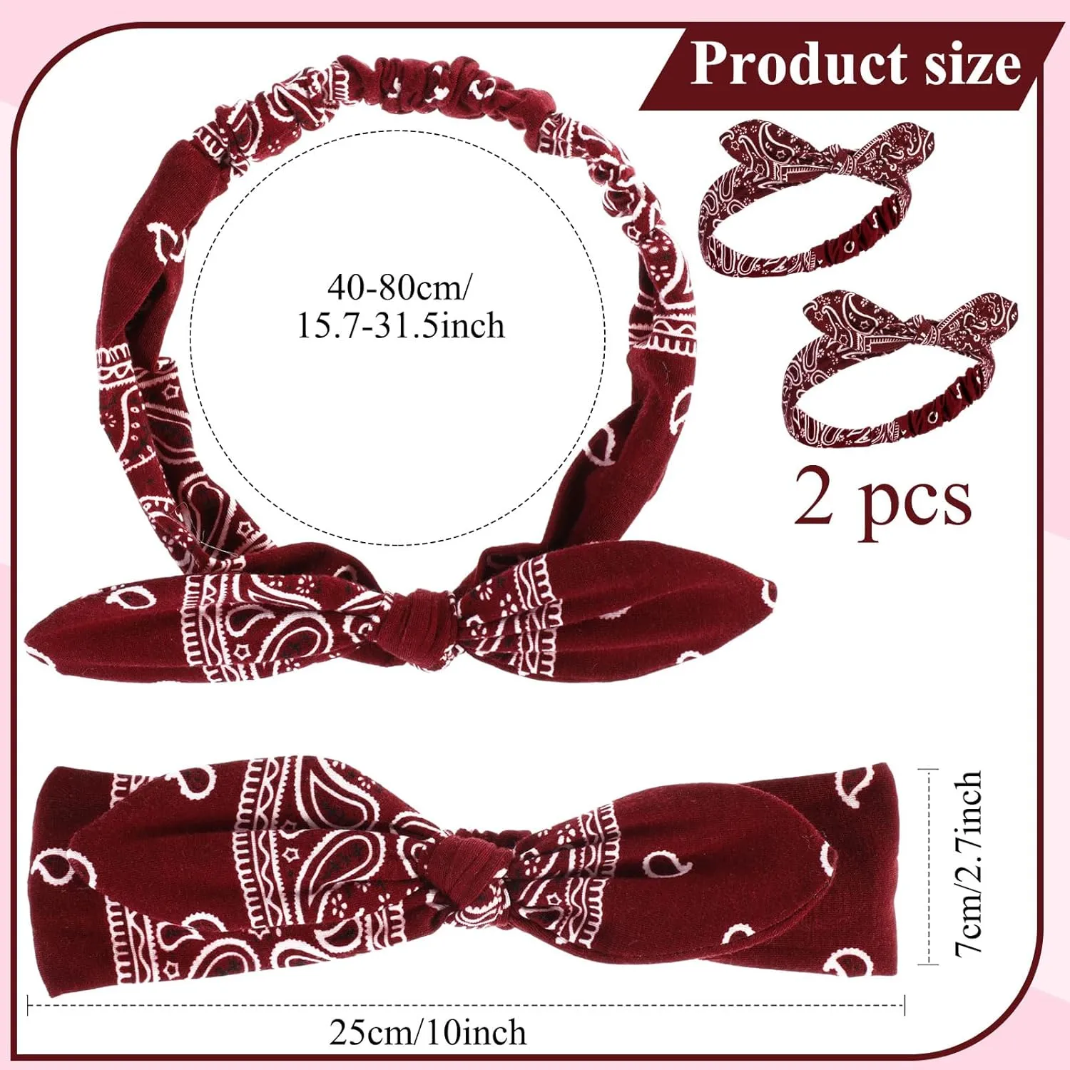 2 Pieces Bandana Headband for Women, Knot Retro Print Headbands Paisley Print Headband Headwrap Adjustable Headwrap(Deep Red)
