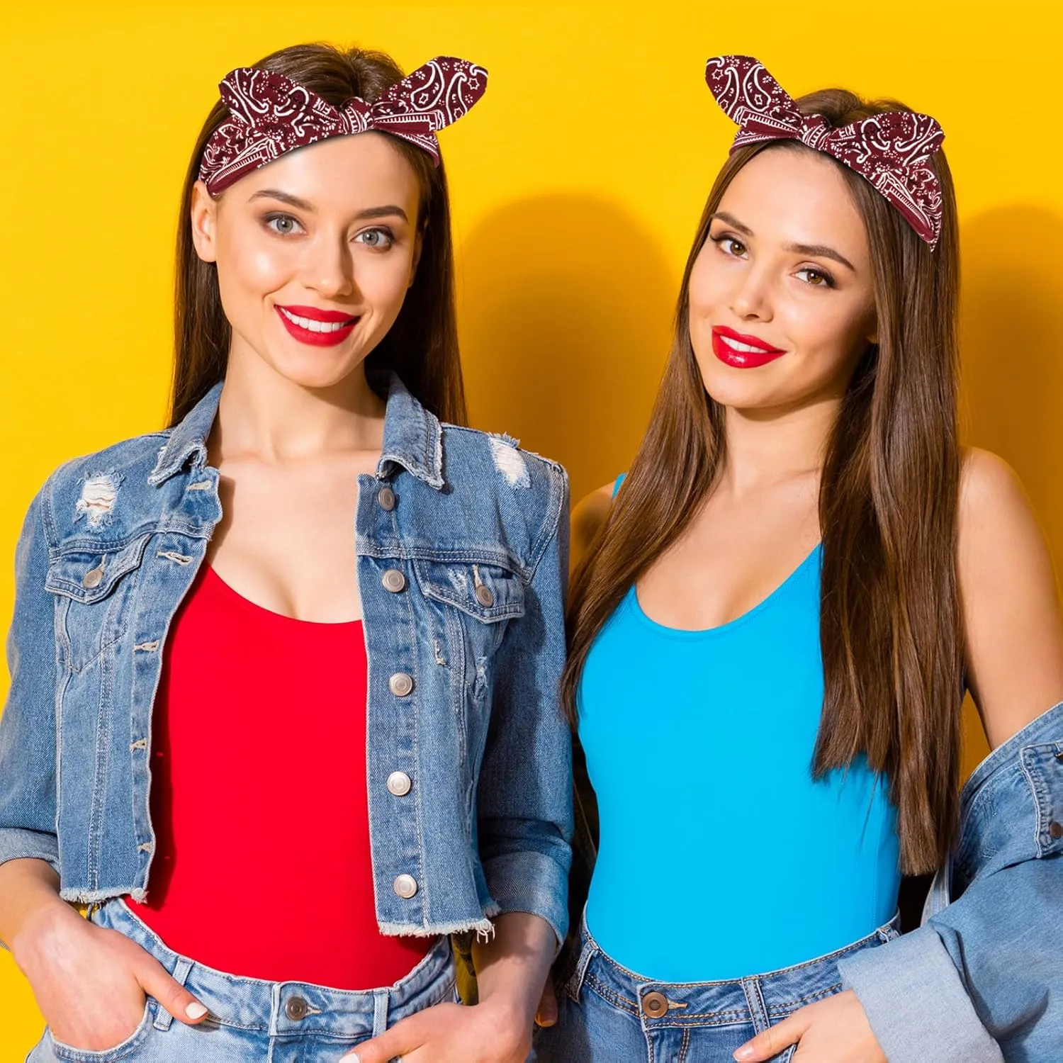 2 Pieces Bandana Headband for Women, Knot Retro Print Headbands Paisley Print Headband Headwrap Adjustable Headwrap(Deep Red)