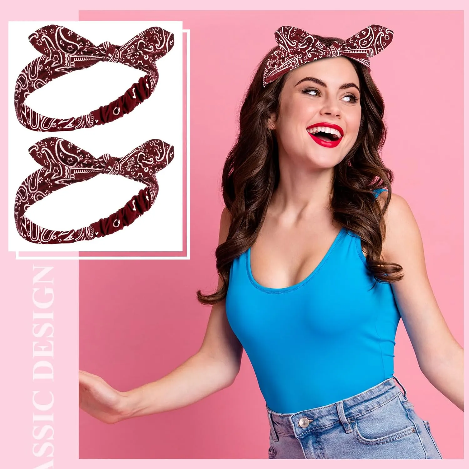 2 Pieces Bandana Headband for Women, Knot Retro Print Headbands Paisley Print Headband Headwrap Adjustable Headwrap(Deep Red)
