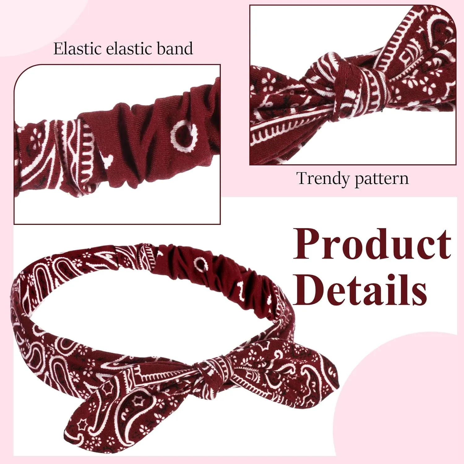 2 Pieces Bandana Headband for Women, Knot Retro Print Headbands Paisley Print Headband Headwrap Adjustable Headwrap(Deep Red)