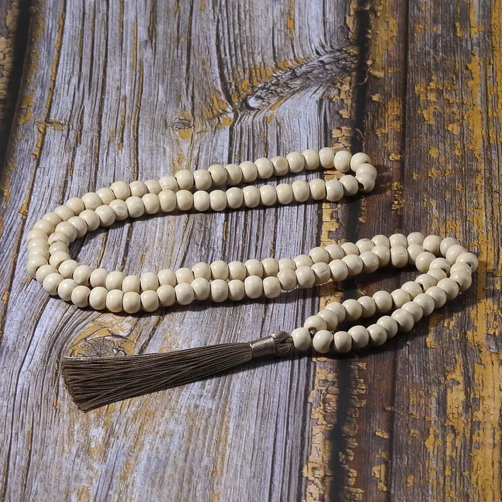 8MM Semi-Precious Gem Stones Wood Mala Bead Necklace Multicolor Tassel Charms Chain Necklace Handmade Beaded Pendant Necklace for Women Men