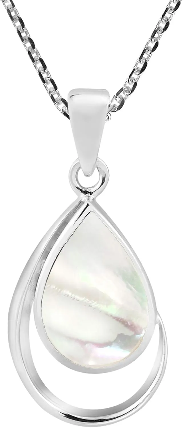 AeraVida Classic Teardrop Mother of Pearl .925 Sterling Silver Pendant Necklace | White Stone Pendant Necklace | Teardrop Pendant Necklace for Women | 18 Inch long Chain Pendant Necklace