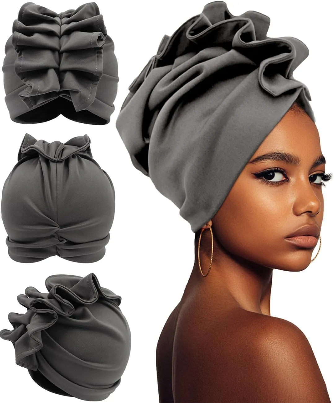 Babalet Stretch Turban Hats African Double Layered Headwraps Soft Pre-Tied Bonnet Hair Wrap Ruffles Turbans for Black Women