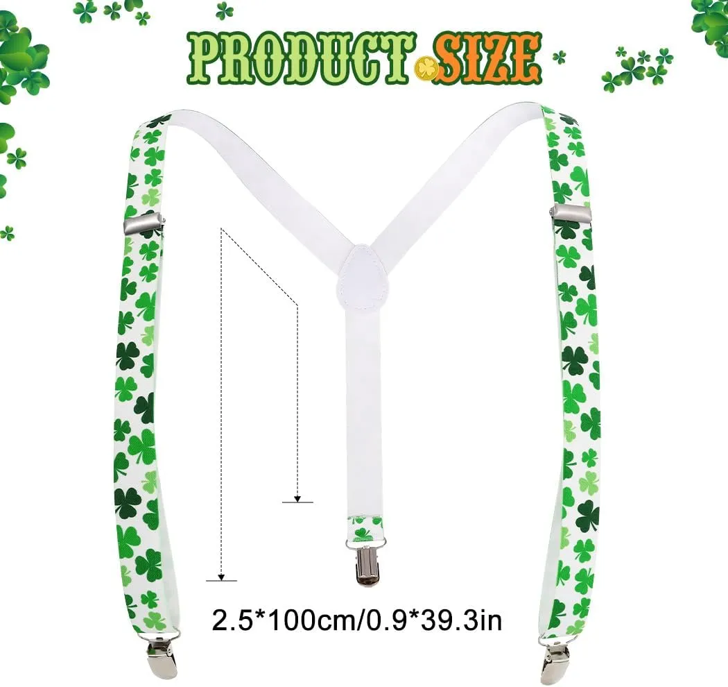 BODIY St Patrick's Day Suspenders for Men Shamrock Clover Suspenders Funny Stretch Y Back with Metal Clips
