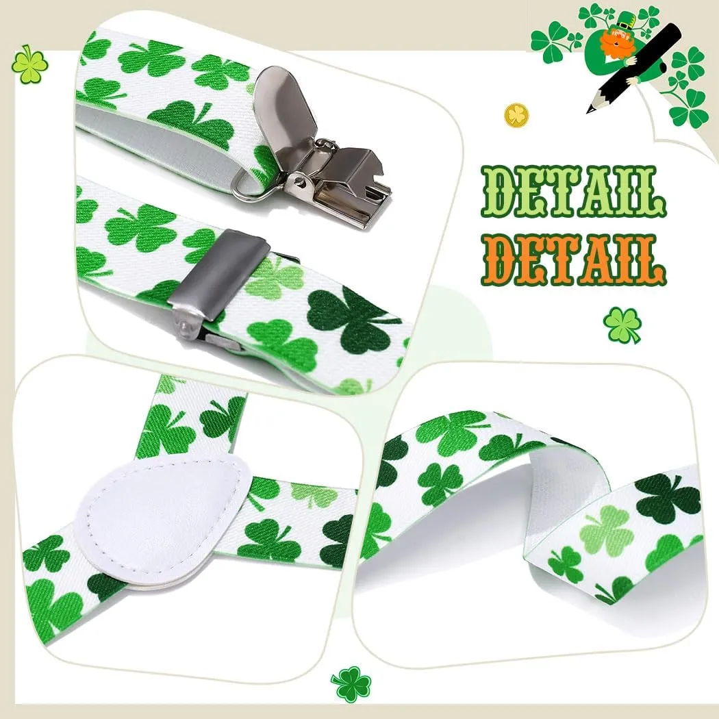 BODIY St Patrick's Day Suspenders for Men Shamrock Clover Suspenders Funny Stretch Y Back with Metal Clips
