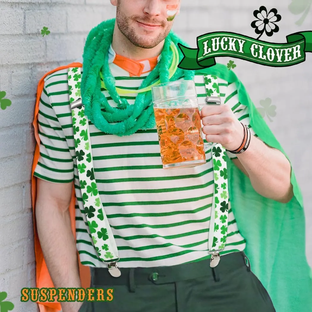 BODIY St Patrick's Day Suspenders for Men Shamrock Clover Suspenders Funny Stretch Y Back with Metal Clips