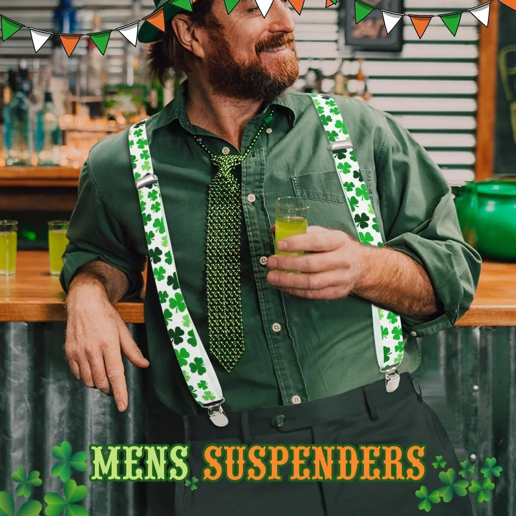 BODIY St Patrick's Day Suspenders for Men Shamrock Clover Suspenders Funny Stretch Y Back with Metal Clips