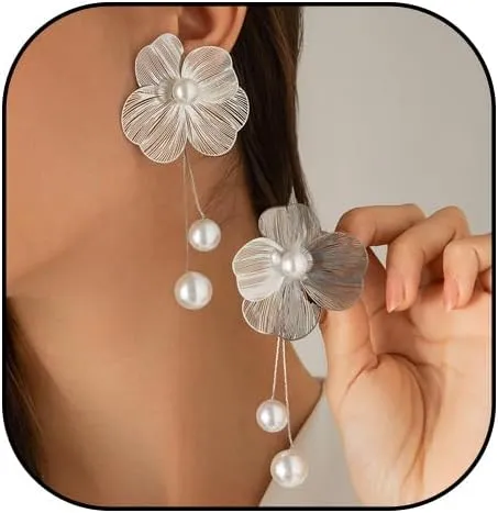 Boho Big Flower Petal Stud Earrings Fashion Plant Floral Pearl Dangle Earrings Hollow Flower Long Tassel Statement Earrings Jewelry for Women