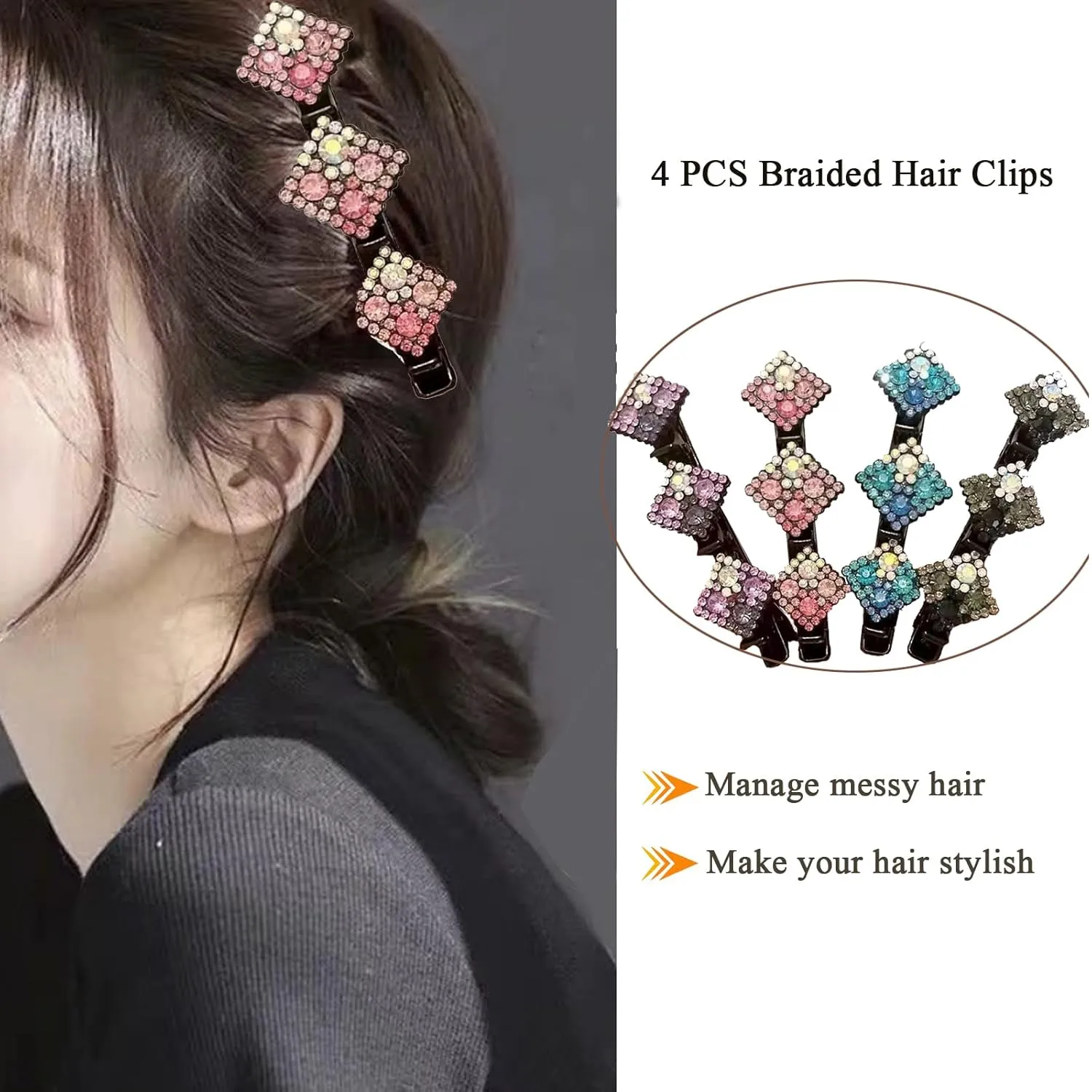 Braided Hair Clips for Woman, Sparkling Crystal Stone Braided Hair Clips Hair Accessories Decorative Hair Pins for Styling Hair Barrettes for Women Birthday Anniversary Christmas Gifts (4 PCS)
