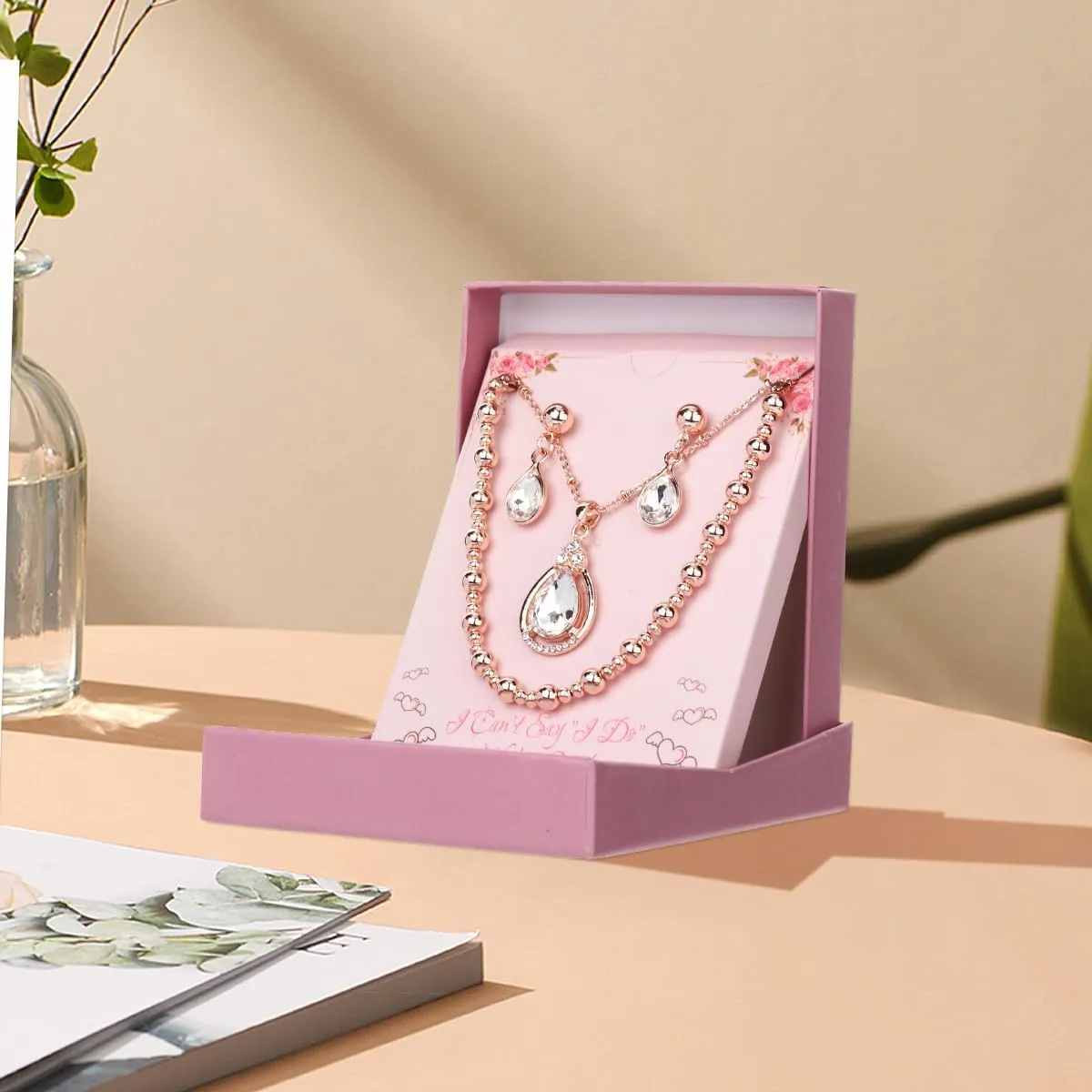 Bridesmaid Jewelry Gift Set for Women I Can't Say I Do Without You Teardrop Pendant Necklace Earrings with Copper Bead Bracelet Set for Wedding Proposal