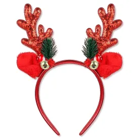 Christmas Headbands Glitter Christmas Deer Antlers Headband, Red Animal Ears Headband Cute Xmas Hair Bands Holiday Headbands Halloween Christmas Costume Party Accessories for Women and Girls