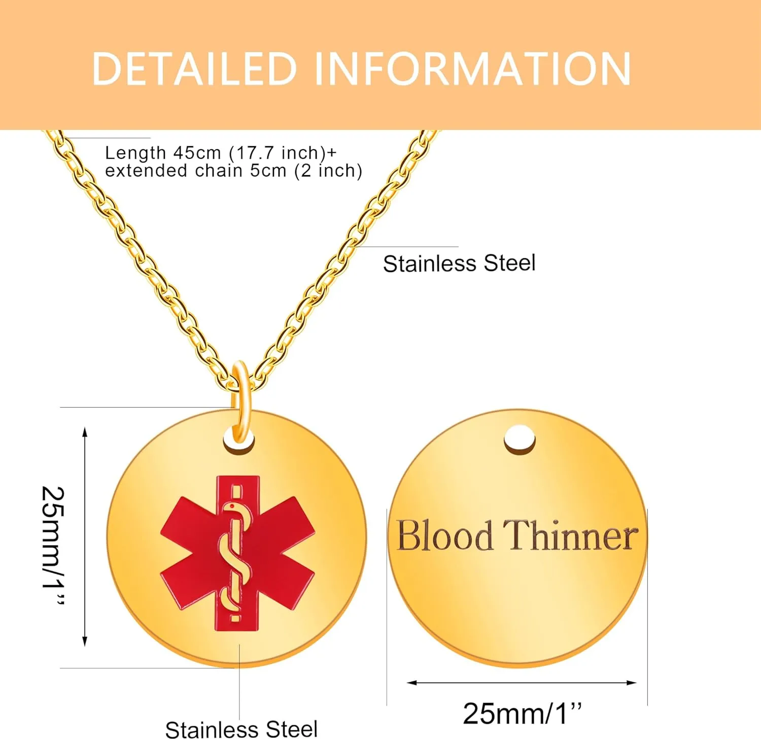 Customized Stainless Steel Medical ID Necklace, Simple and Practical Waterproof Disease Alert Identity Jewelry for Men Women YA4678