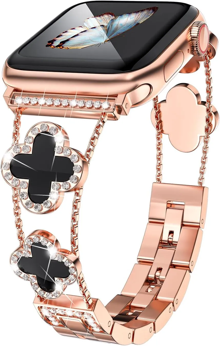 Diamond Metal Bands Add Sparkle to Your Watch For Apple Watch Series 10/9/8/7/6/5/4/3/2/1SE/Ultra Clover Simple and Stylish Compatible with 38mm40mm41mm42mm44mm45mm 46mm49mm Women's Wear