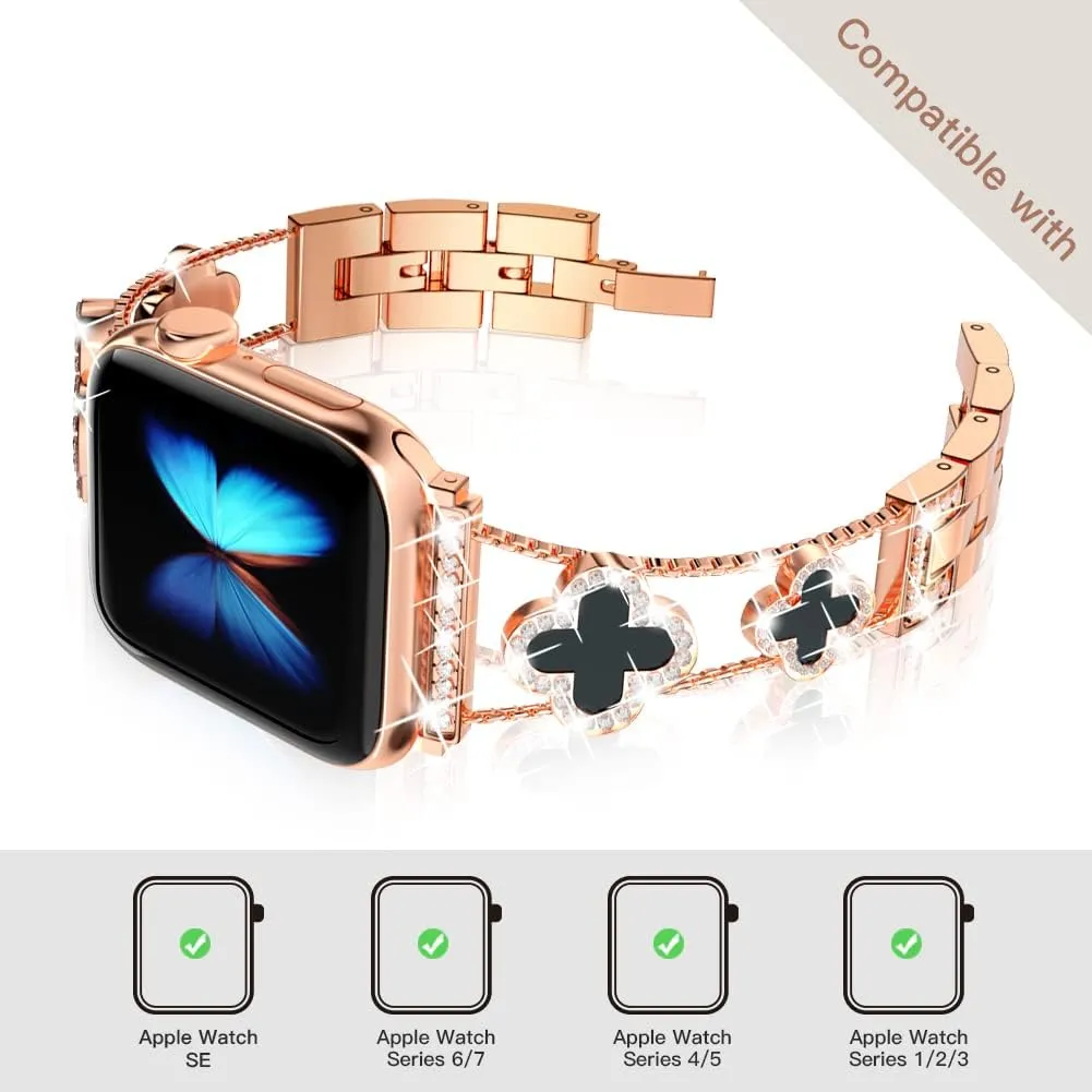 Diamond Metal Bands Add Sparkle to Your Watch For Apple Watch Series 10/9/8/7/6/5/4/3/2/1SE/Ultra Clover Simple and Stylish Compatible with 38mm40mm41mm42mm44mm45mm 46mm49mm Women's Wear