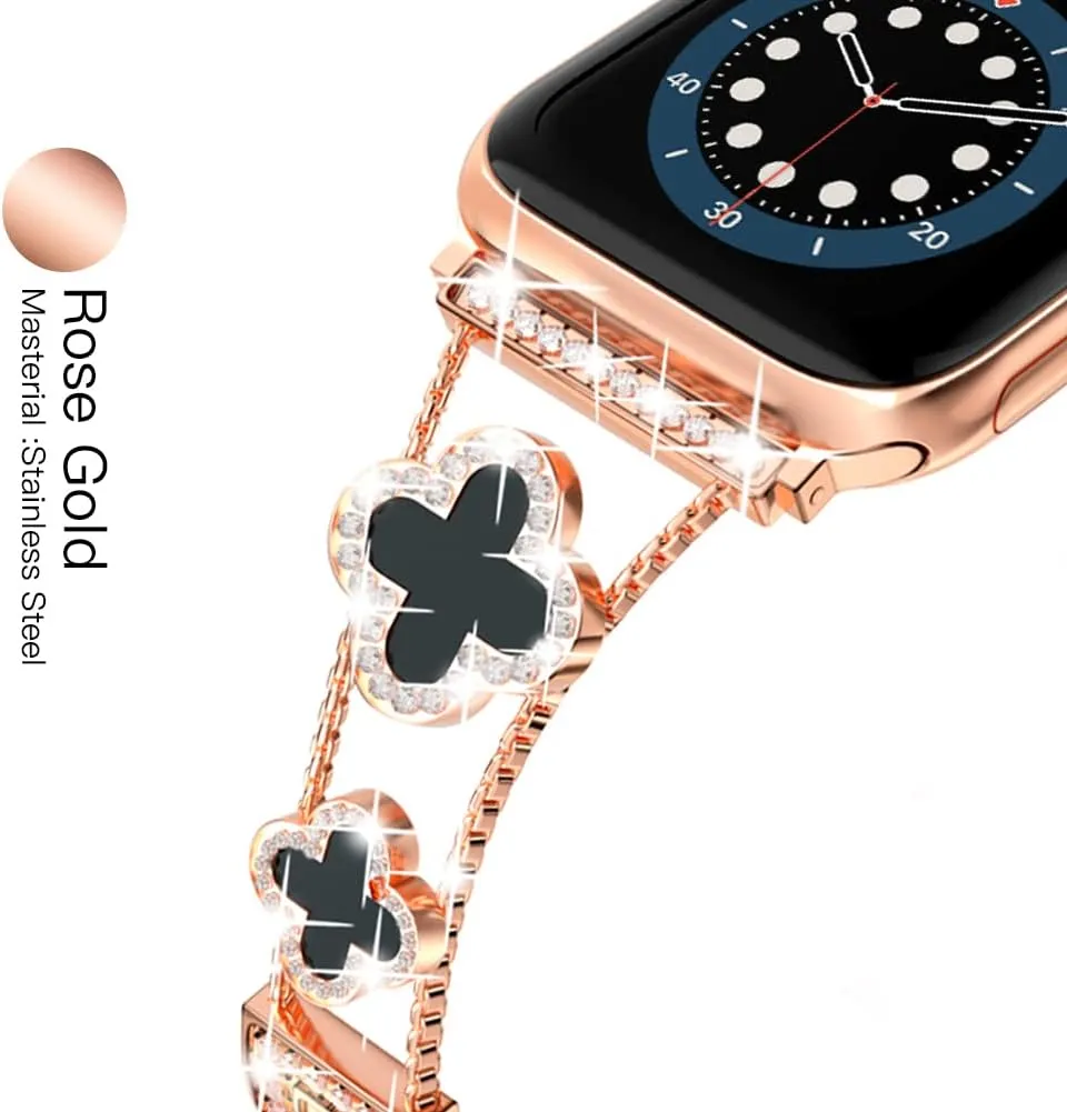 Diamond Metal Bands Add Sparkle to Your Watch For Apple Watch Series 10/9/8/7/6/5/4/3/2/1SE/Ultra Clover Simple and Stylish Compatible with 38mm40mm41mm42mm44mm45mm 46mm49mm Women's Wear