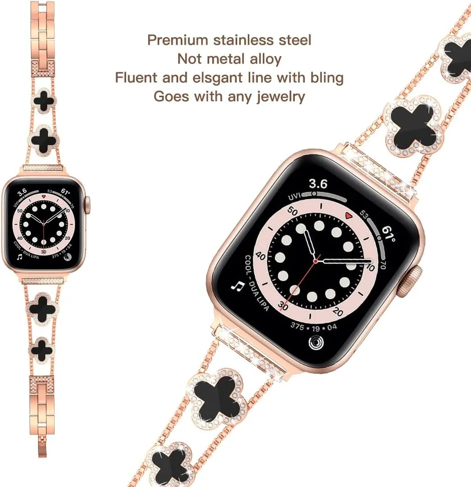 Diamond Metal Bands Add Sparkle to Your Watch For Apple Watch Series 10/9/8/7/6/5/4/3/2/1SE/Ultra Clover Simple and Stylish Compatible with 38mm40mm41mm42mm44mm45mm 46mm49mm Women's Wear