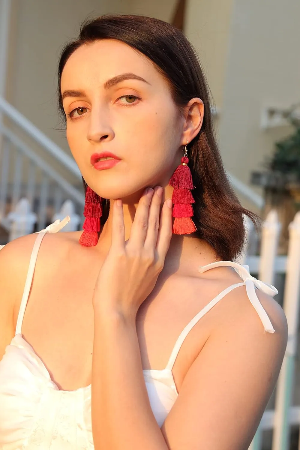 Eigso Women 3-9 Pairs Colorful Long Tassel Thread Ball Dangle Earrings Boho Black Red Sequin Drop Earrings