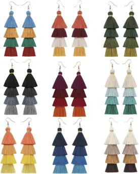 Eigso Women 3-9 Pairs Colorful Long Tassel Thread Ball Dangle Earrings Boho Black Red Sequin Drop Earrings