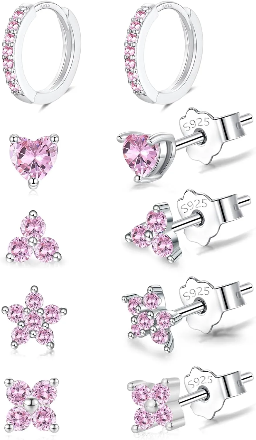 EPIRORA 925 Sterling Silver Studs Earrings Set for Women Men, Hypoallergenic Cubic Zirconia Stud Cartilage Earrings, 5 Pairs Small Silver Gold Hoop Earring Studs Sets for Multiple Piercing