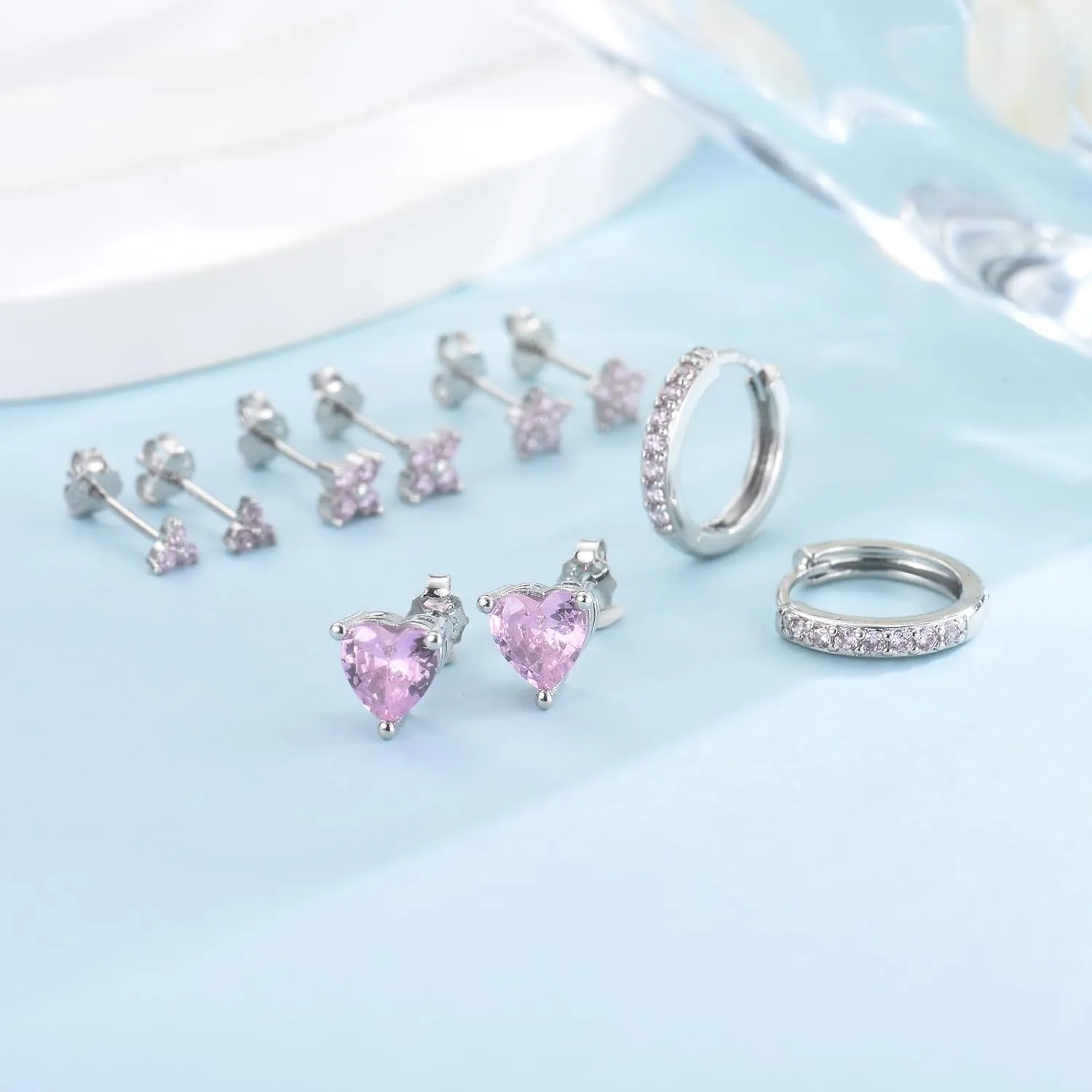 EPIRORA 925 Sterling Silver Studs Earrings Set for Women Men, Hypoallergenic Cubic Zirconia Stud Cartilage Earrings, 5 Pairs Small Silver Gold Hoop Earring Studs Sets for Multiple Piercing