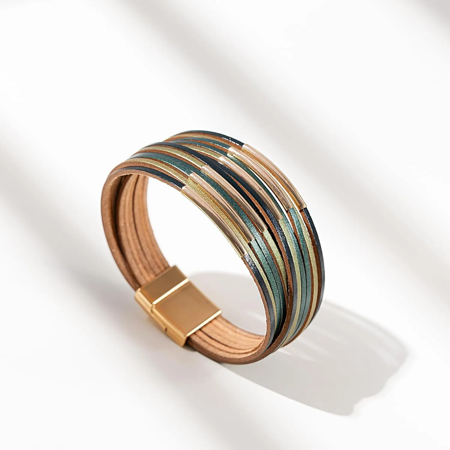 FANCY SHINY Boho Leather Bangle Bracelets Stackable Noodle Tube Bracelets Layered Wrap Cuff Bracelets with Magnetic Clasp