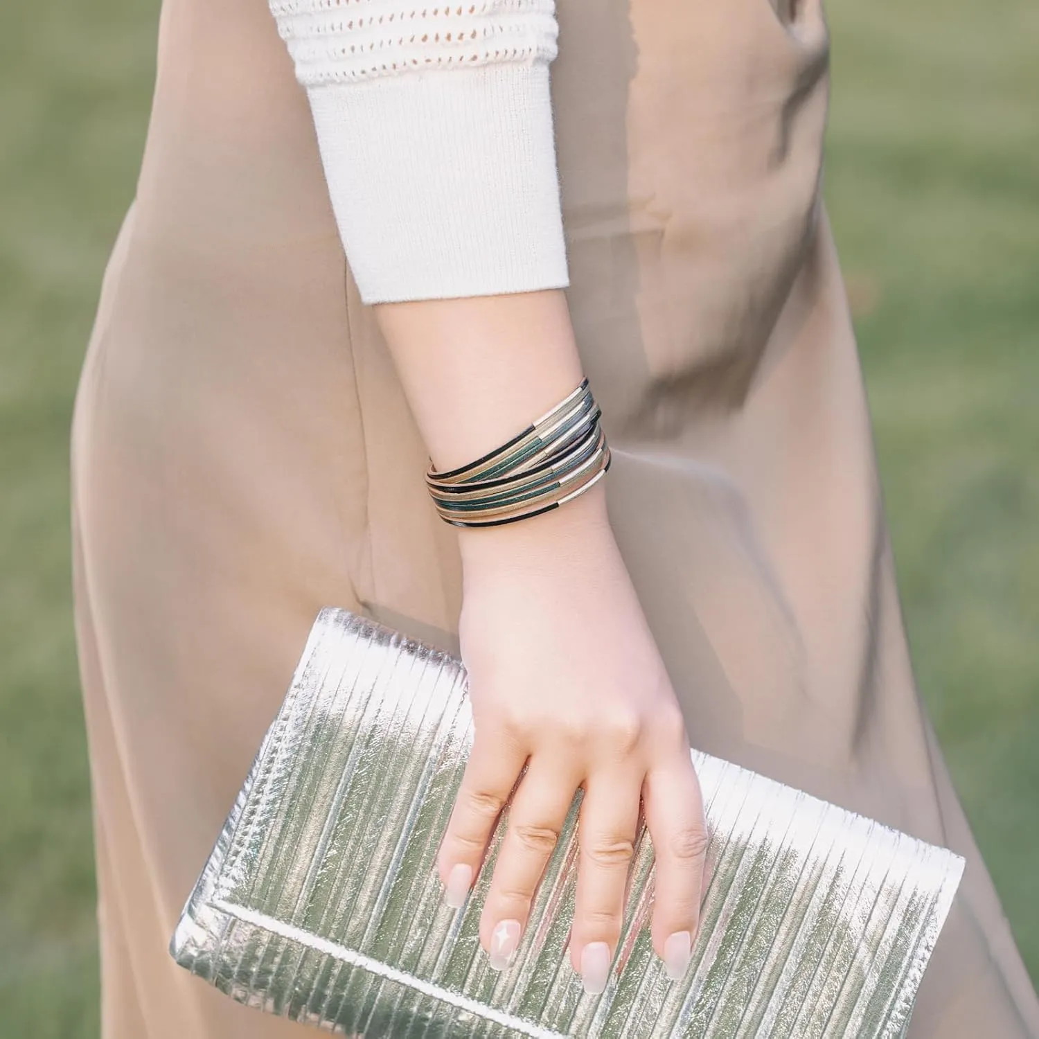 FANCY SHINY Boho Leather Bangle Bracelets Stackable Noodle Tube Bracelets Layered Wrap Cuff Bracelets with Magnetic Clasp