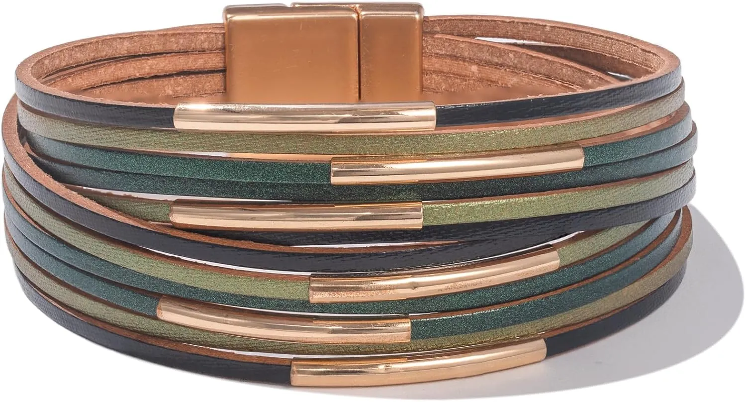 FANCY SHINY Boho Leather Bangle Bracelets Stackable Noodle Tube Bracelets Layered Wrap Cuff Bracelets with Magnetic Clasp