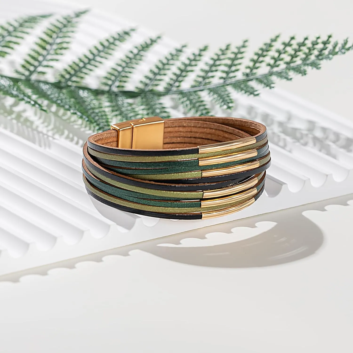 FANCY SHINY Boho Leather Bangle Bracelets Stackable Noodle Tube Bracelets Layered Wrap Cuff Bracelets with Magnetic Clasp