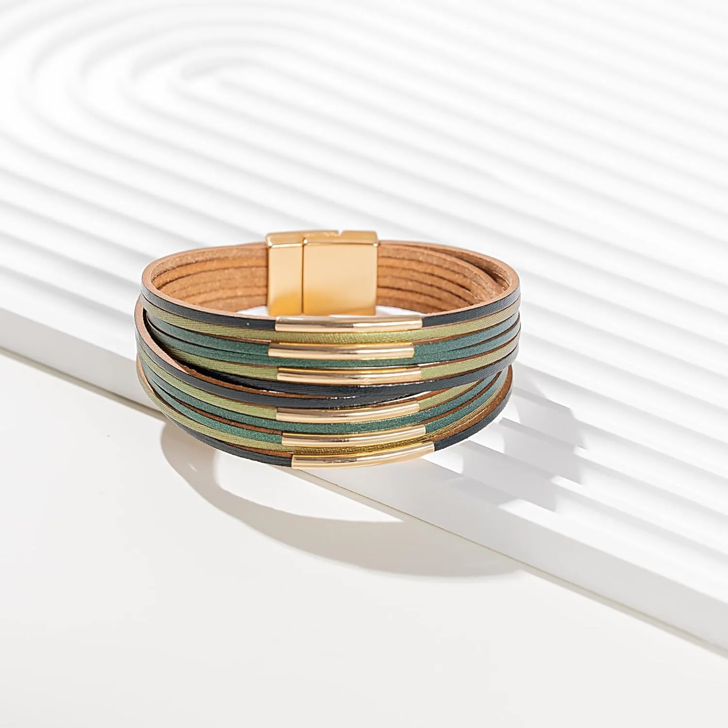 FANCY SHINY Boho Leather Bangle Bracelets Stackable Noodle Tube Bracelets Layered Wrap Cuff Bracelets with Magnetic Clasp