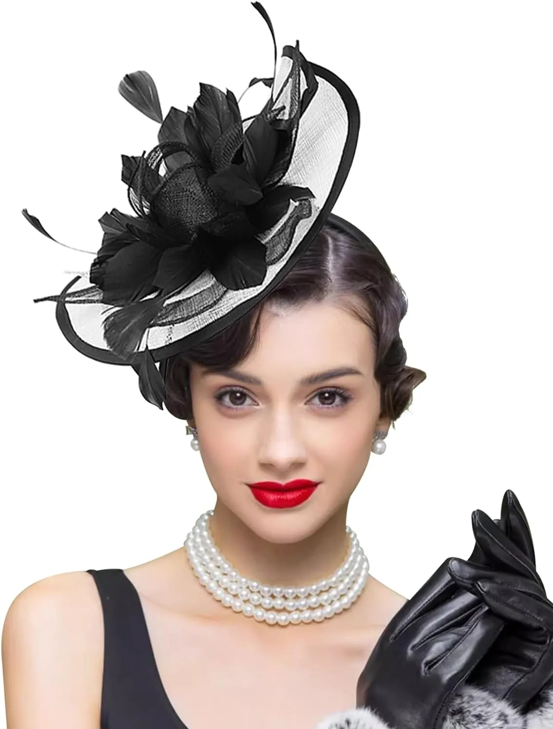 Fascinator Hats for Women Mesh Bow Rhinestone Feather Wedding Tea Party Derby Hat Clip Headband