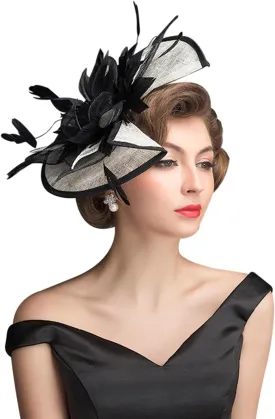 Fascinator Hats for Women Mesh Bow Rhinestone Feather Wedding Tea Party Derby Hat Clip Headband