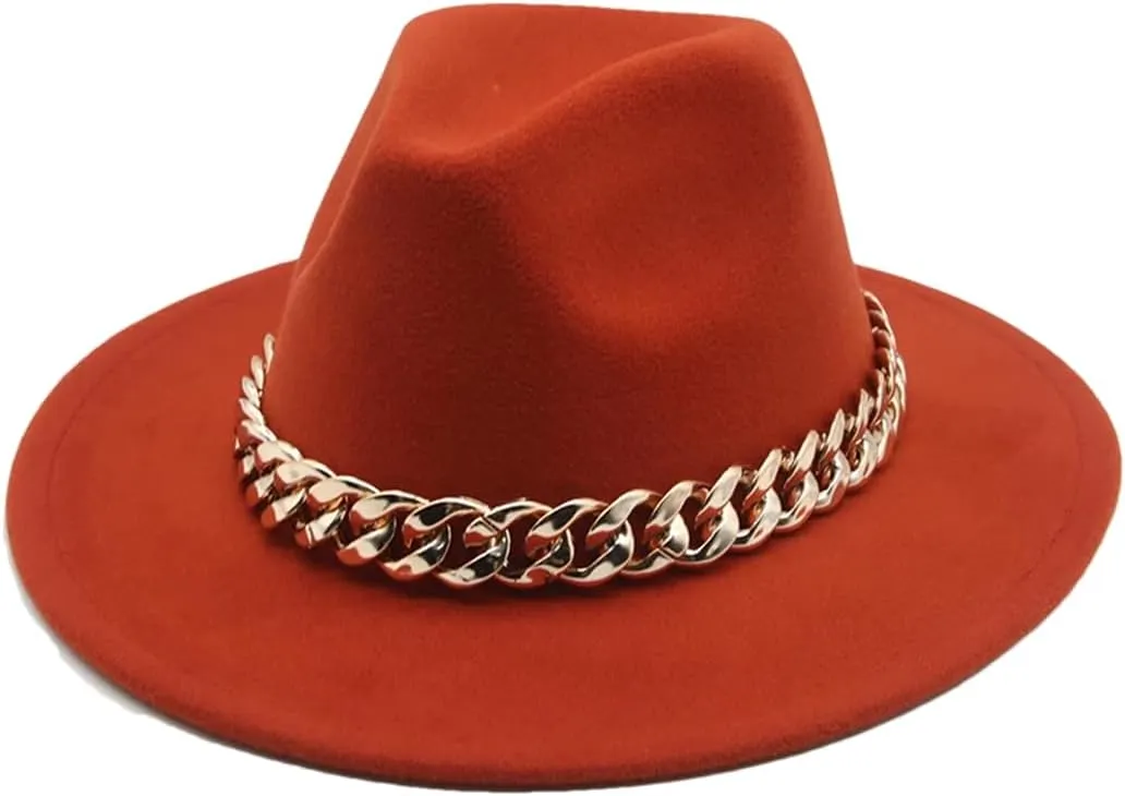 Fedora Hats Women Men Wide Brim Thick Gold Chain Band Felted Hat Jazz Cap Panama Hat Caramel 60-62cm(XL)