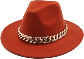 Fedora Hats Women Men Wide Brim Thick Gold Chain Band Felted Hat Jazz Cap Panama Hat Caramel 60-62cm(XL)