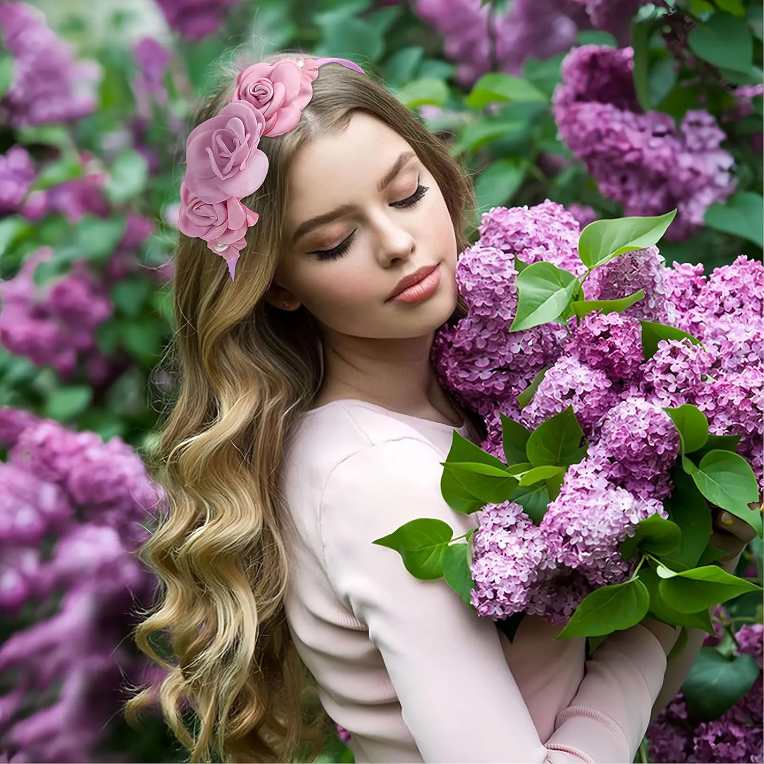 Flower Headband Spring Summer Hair Accessories for Women Girls, Rose Flowers Hair Bands Purple Floral Hair Decoration Elegant Headdress Party Wedding Supplies Non Slip Head Band 1 Pcs