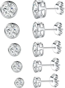 GEMSME Stainless Steel Stud Earrings Set for Women and Men 6 Pairs, Sparkly AAAAA  Cubic Zirconia Stud Earrings Pack Hypoallergenic 18K Yellow Gold Plated/18K White Gold Plated