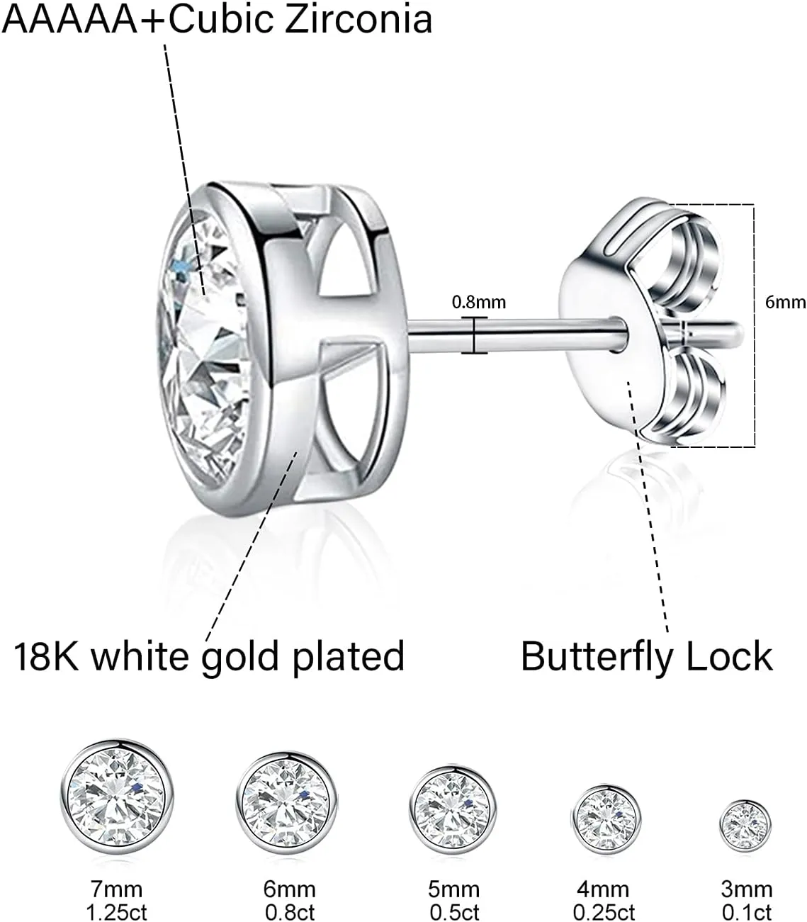 GEMSME Stainless Steel Stud Earrings Set for Women and Men 6 Pairs, Sparkly AAAAA  Cubic Zirconia Stud Earrings Pack Hypoallergenic 18K Yellow Gold Plated/18K White Gold Plated