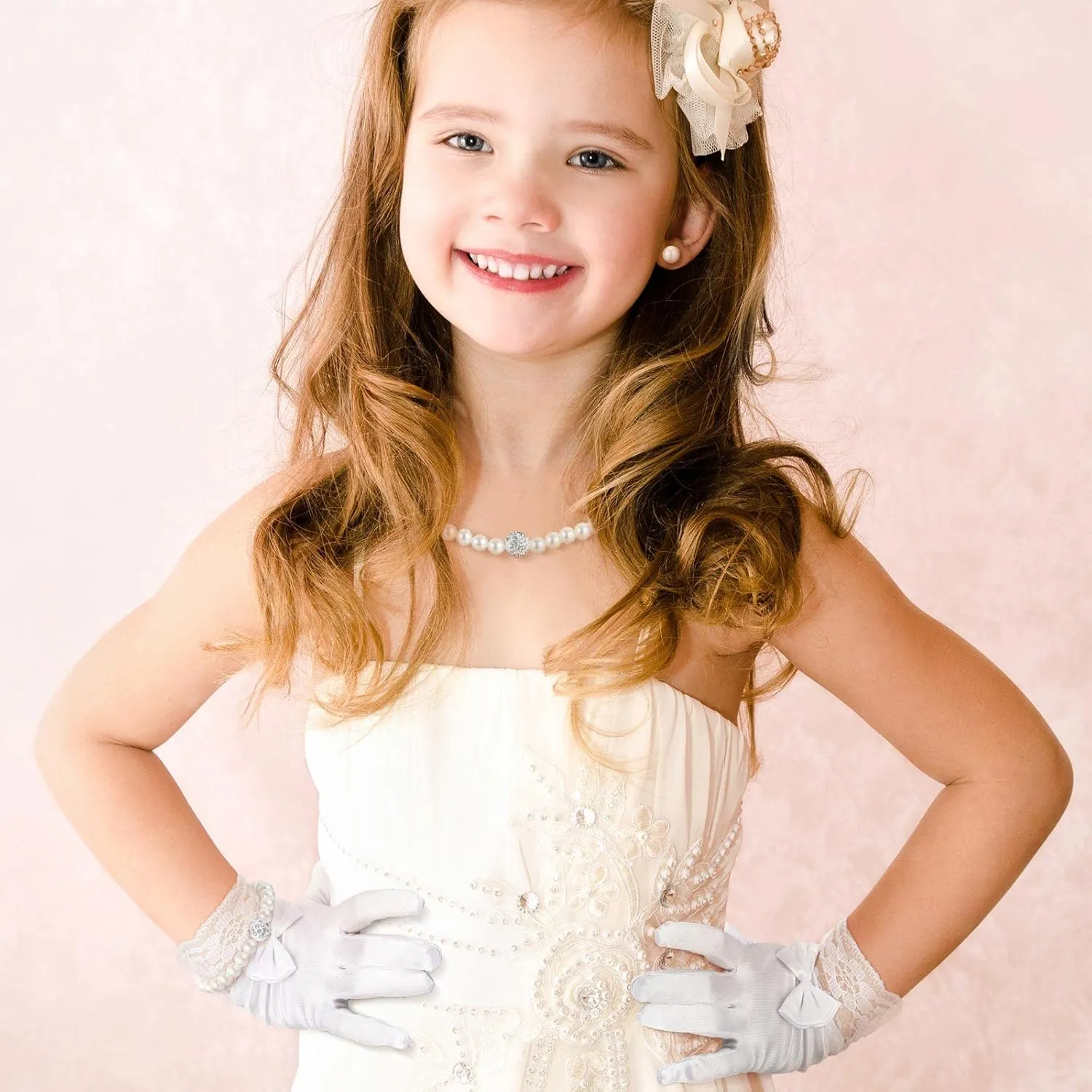 Geyoga 4 Pcs Pearl Necklace Set for Little Girls Toddler Girls Tea Party Jewelry White Pearl Earrings Bracelet Sets First Communion Gloves Kit for Kids Age 4-12 Years
