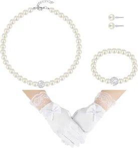 Geyoga 4 Pcs Pearl Necklace Set for Little Girls Toddler Girls Tea Party Jewelry White Pearl Earrings Bracelet Sets First Communion Gloves Kit for Kids Age 4-12 Years