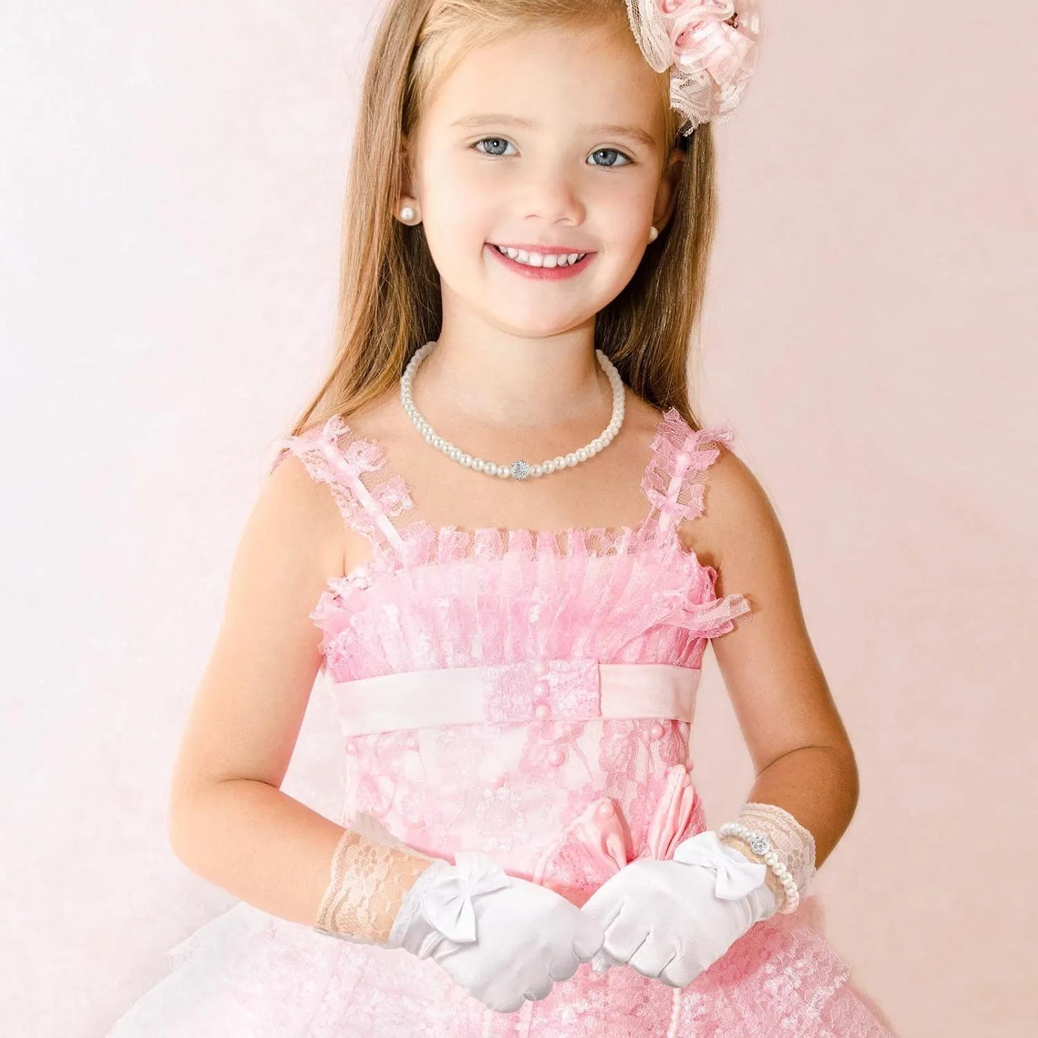 Geyoga 4 Pcs Pearl Necklace Set for Little Girls Toddler Girls Tea Party Jewelry White Pearl Earrings Bracelet Sets First Communion Gloves Kit for Kids Age 4-12 Years