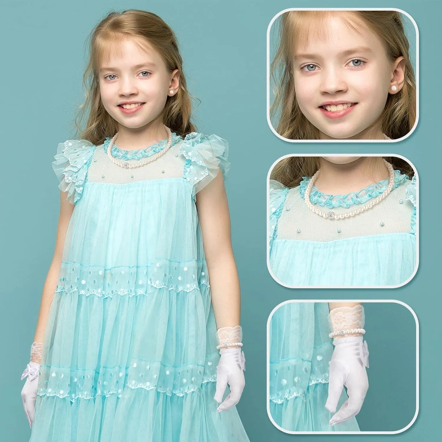 Geyoga 4 Pcs Pearl Necklace Set for Little Girls Toddler Girls Tea Party Jewelry White Pearl Earrings Bracelet Sets First Communion Gloves Kit for Kids Age 4-12 Years