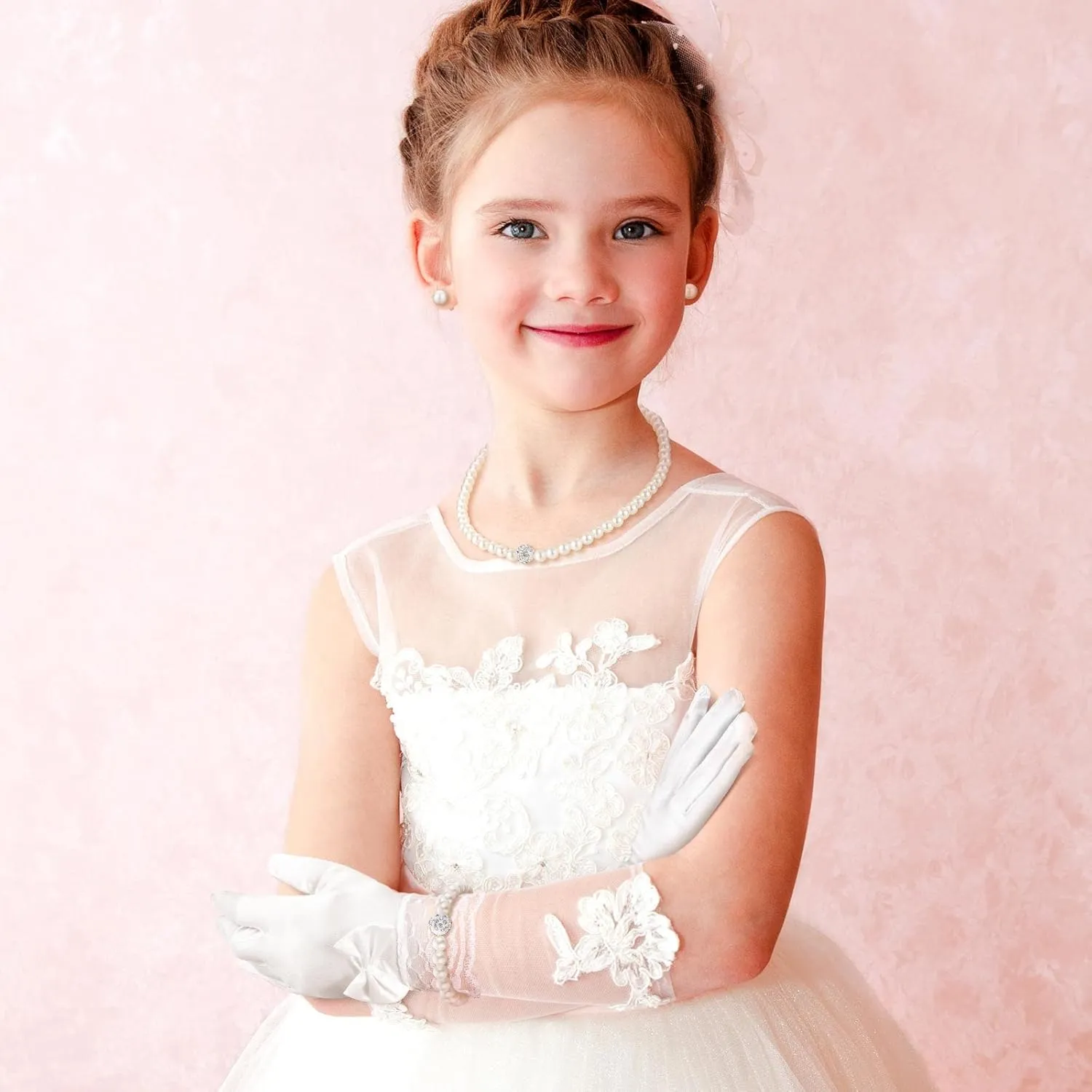Geyoga 4 Pcs Pearl Necklace Set for Little Girls Toddler Girls Tea Party Jewelry White Pearl Earrings Bracelet Sets First Communion Gloves Kit for Kids Age 4-12 Years