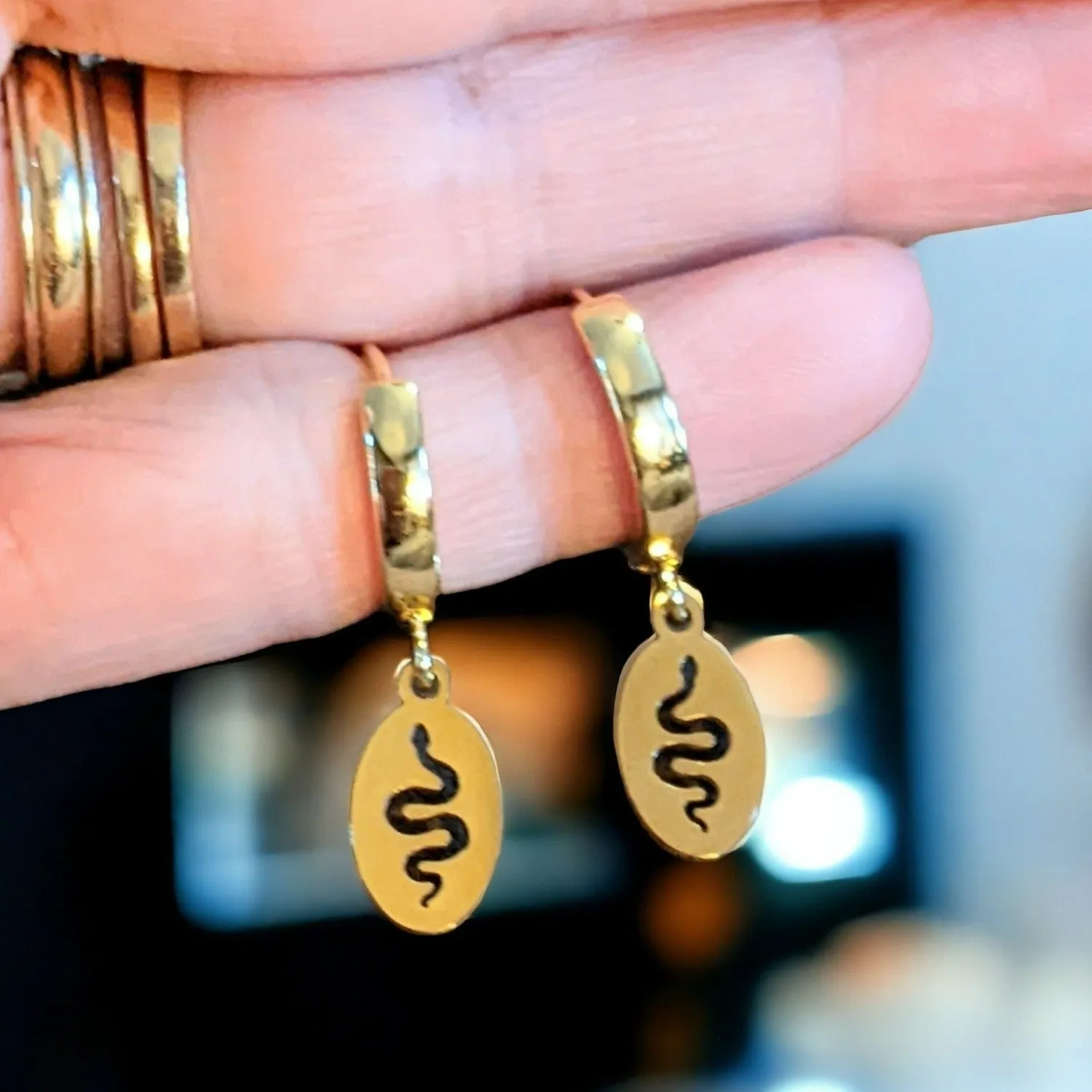 Gold Snake Hoop earrings, 16mm Hoop Drop