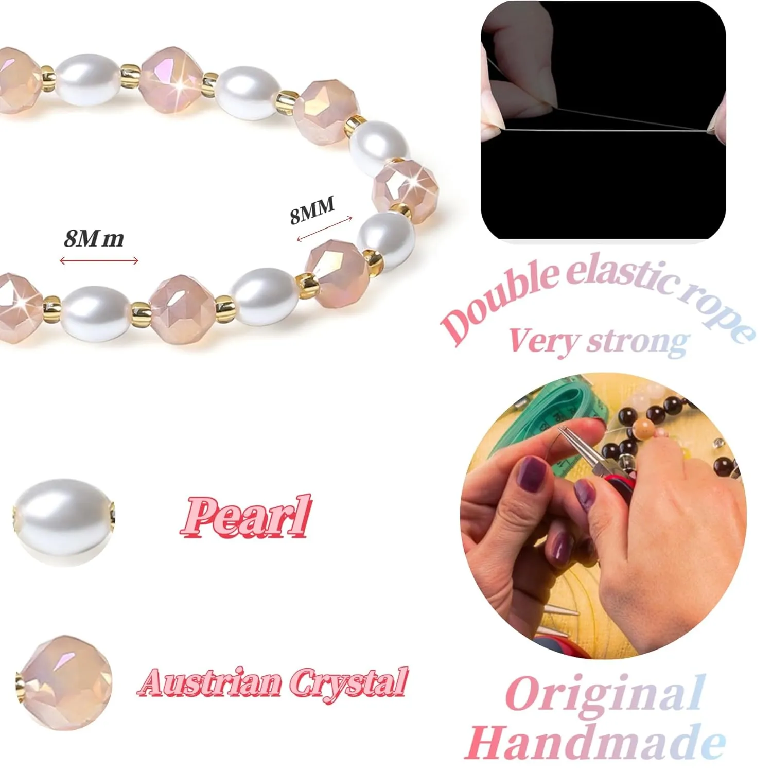 Handmade Stretch Bracelets for Women Bling Faceted Crystal Multi Color 8MM Beaded Pearl Natural Jewelry (Water Pink Porcelain-round)