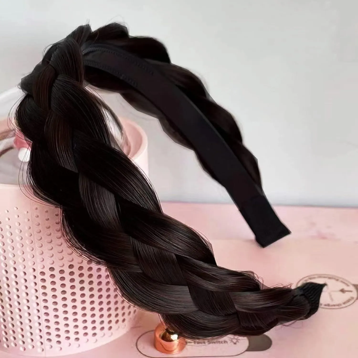 Headband 4 Strands Synthetic Hair Plaited Headband Braid Braided With Teeth Hair Band Beauty accessory Stretch Braid Headbands Hairpiece for Women (Black-brown)