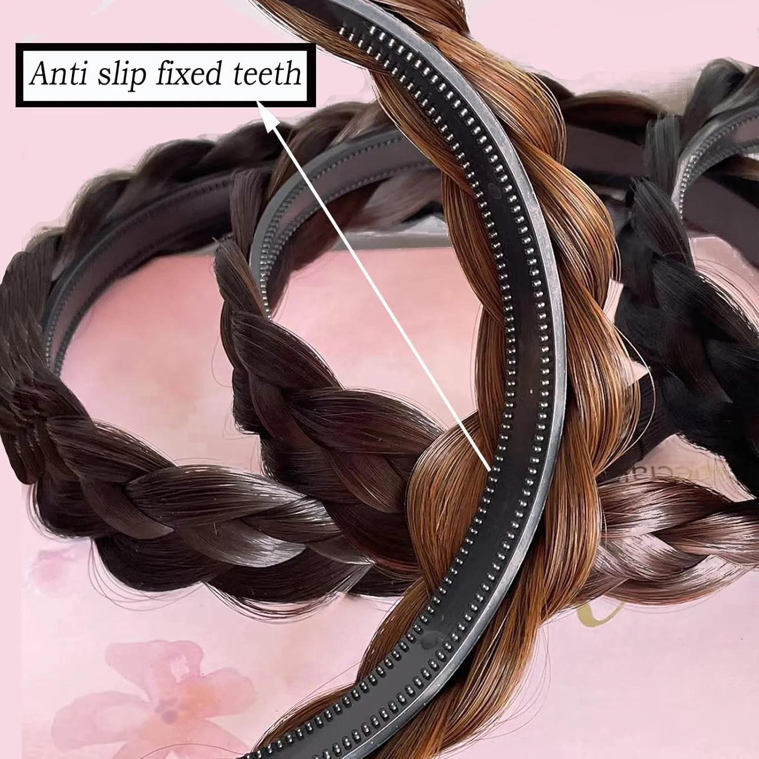 Headband 4 Strands Synthetic Hair Plaited Headband Braid Braided With Teeth Hair Band Beauty accessory Stretch Braid Headbands Hairpiece for Women (Black-brown)