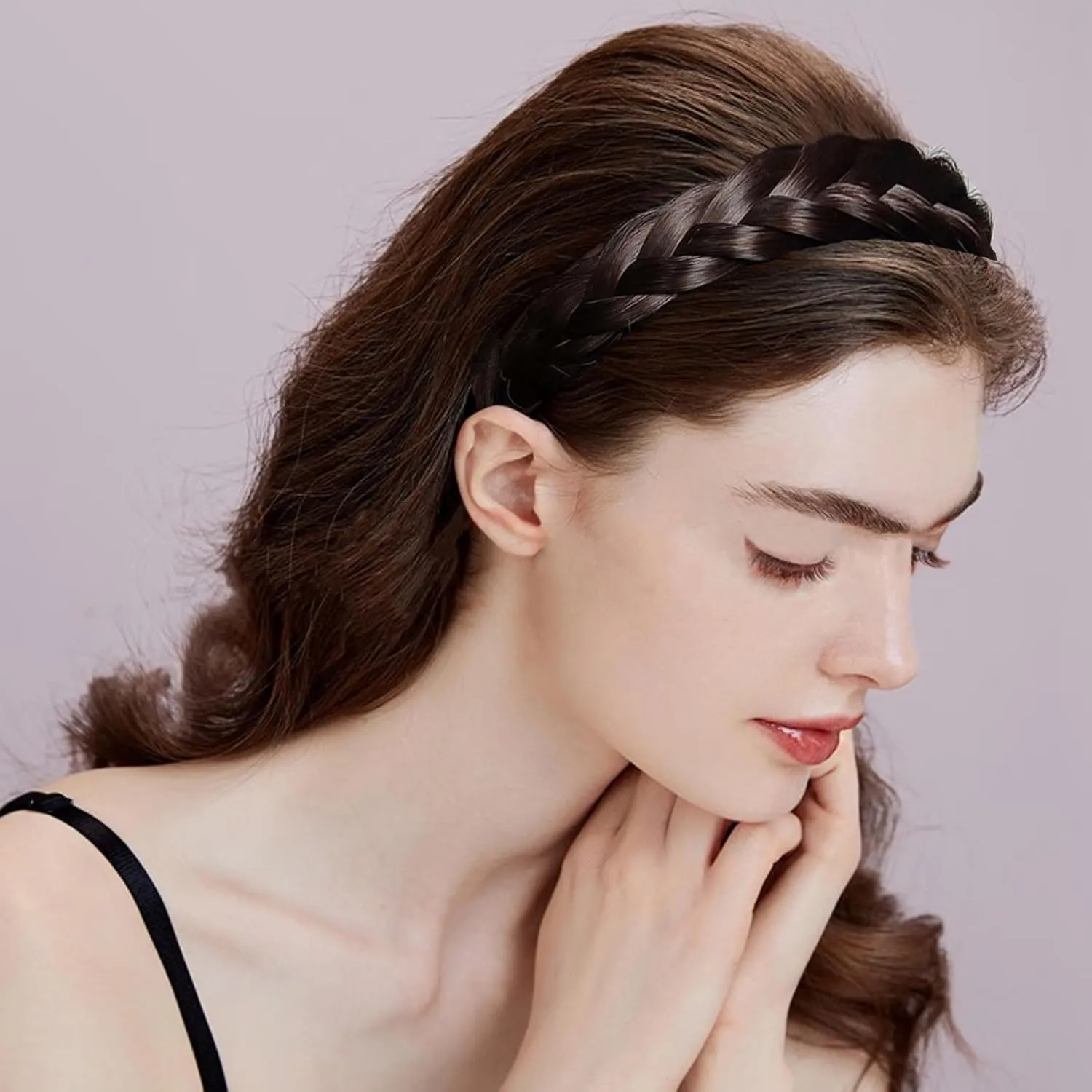 Headband 4 Strands Synthetic Hair Plaited Headband Braid Braided With Teeth Hair Band Beauty accessory Stretch Braid Headbands Hairpiece for Women (Black-brown)