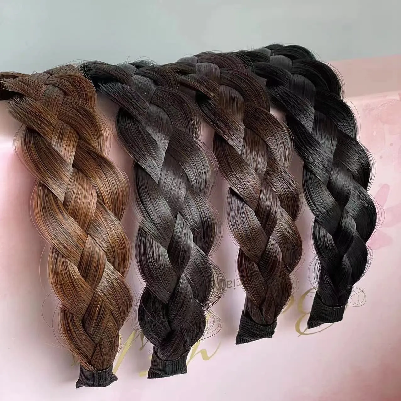 Headband 4 Strands Synthetic Hair Plaited Headband Braid Braided With Teeth Hair Band Beauty accessory Stretch Braid Headbands Hairpiece for Women (Black-brown)