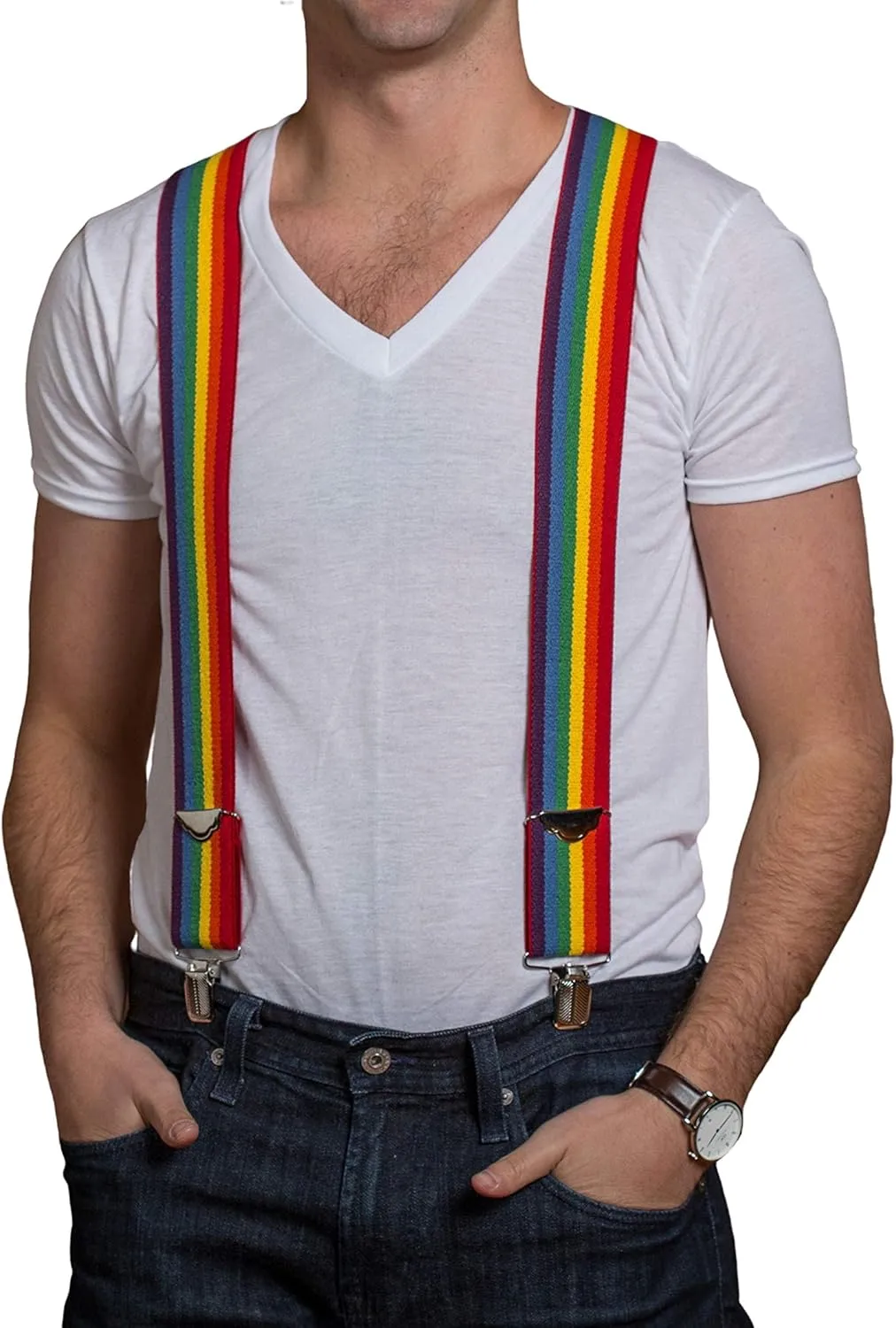 Jackster Rainbow Suspenders X-Back  2" Wide, Adjustable with Strong Jumbo Clips  Made in USA