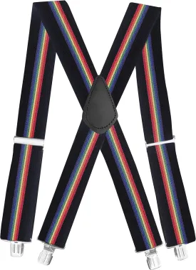 Jackster Rainbow Suspenders X-Back  2" Wide, Adjustable with Strong Jumbo Clips  Made in USA